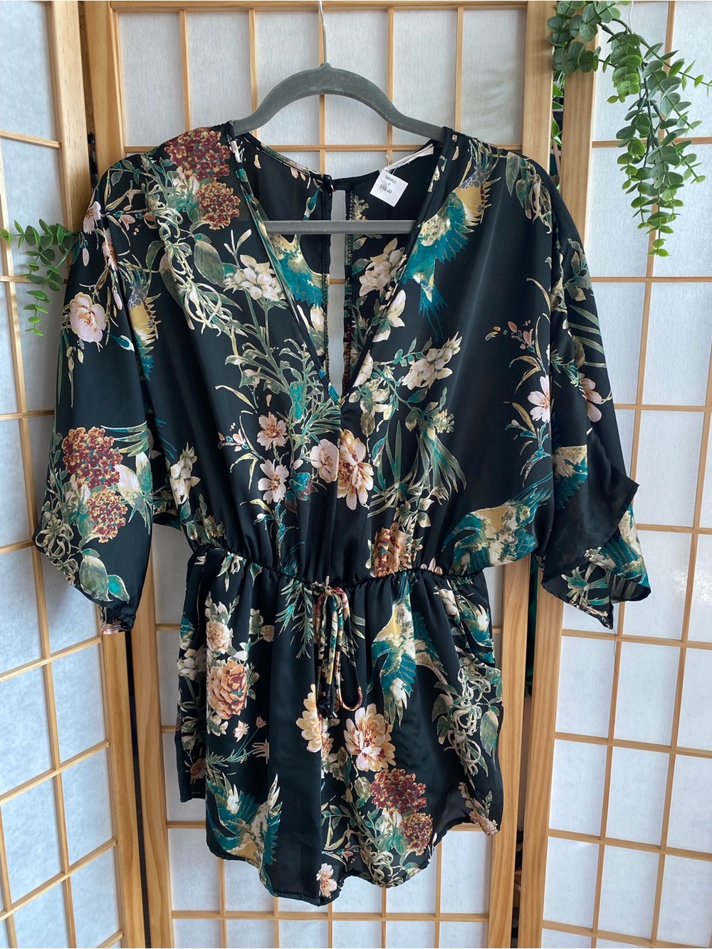 Black Floral V-Neck Drawstring Romper